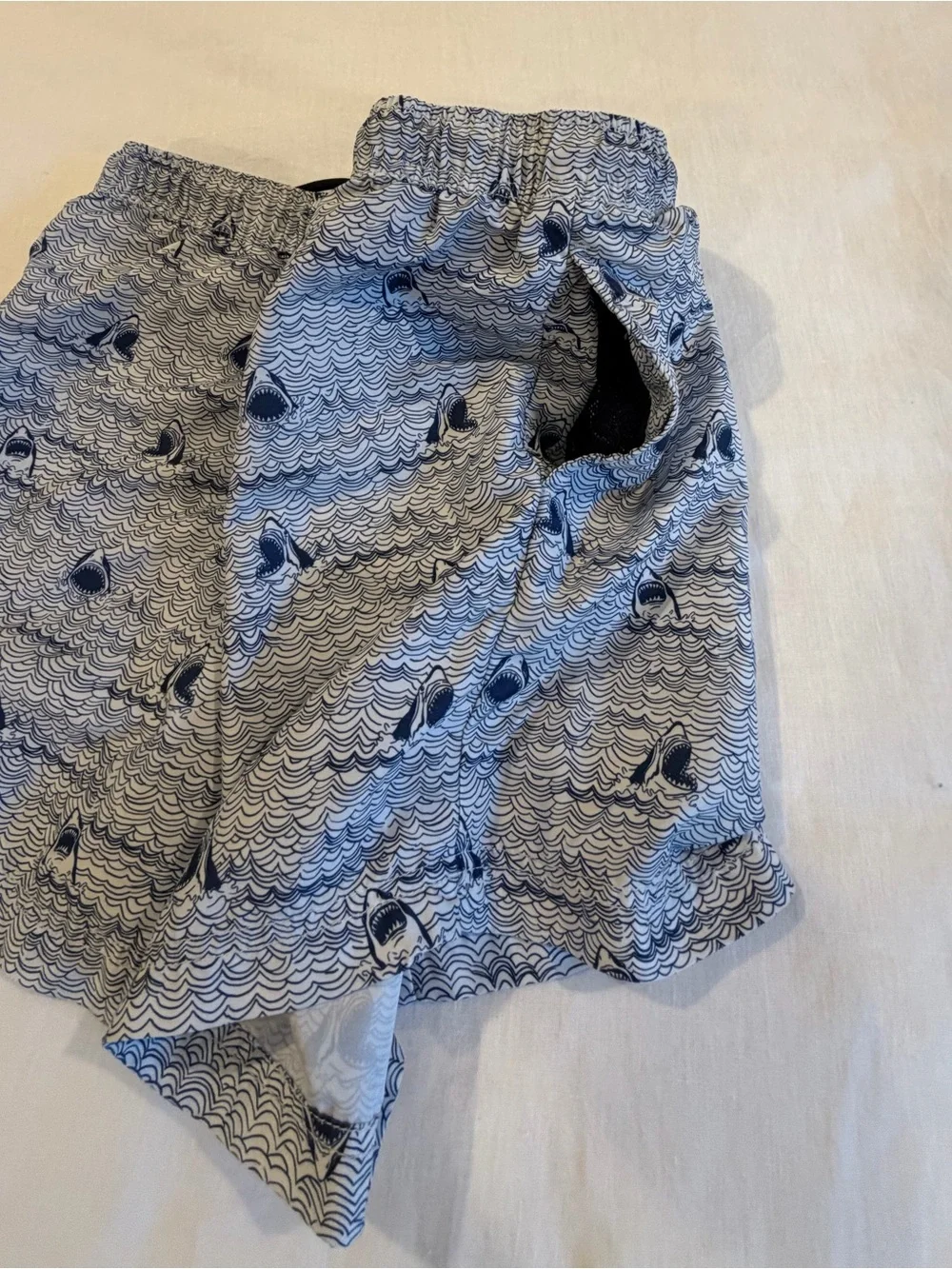Men's Gray Wave & Shark Print Swim Trunks with Drawstring